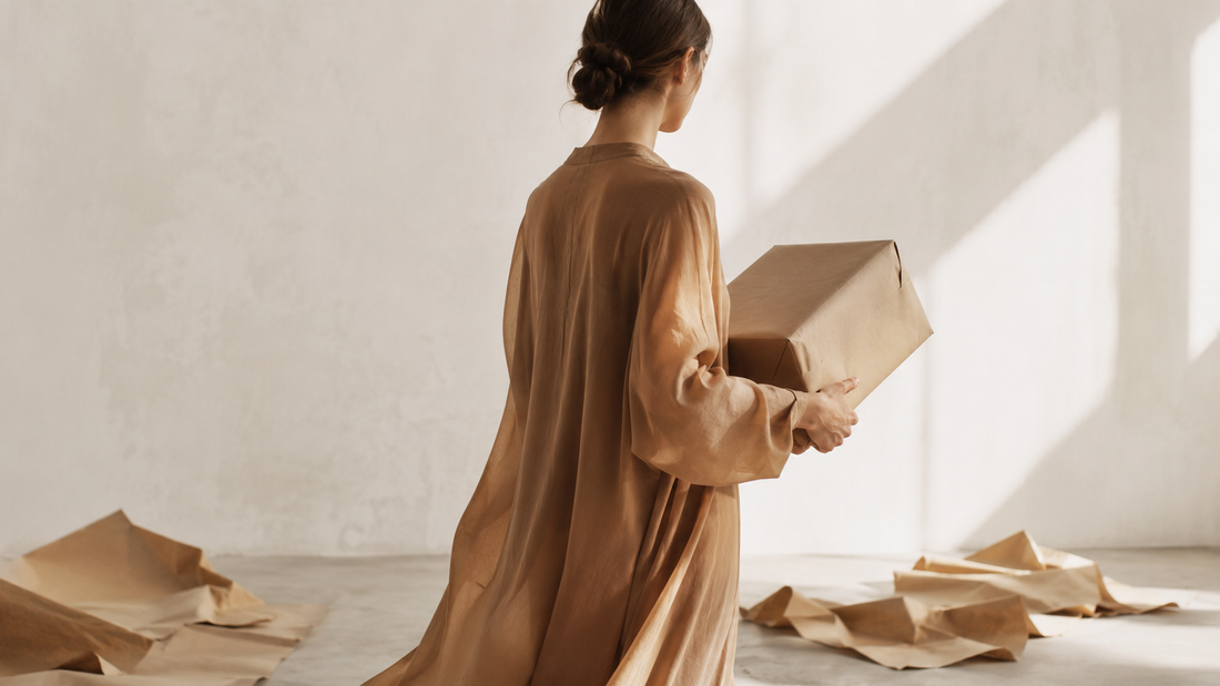 Silhouette en robe fluide camel tenant un colis kraft minimaliste dans un studio épuré — emballage responsable, mode durable et consommation consciente par MITCH By AEF