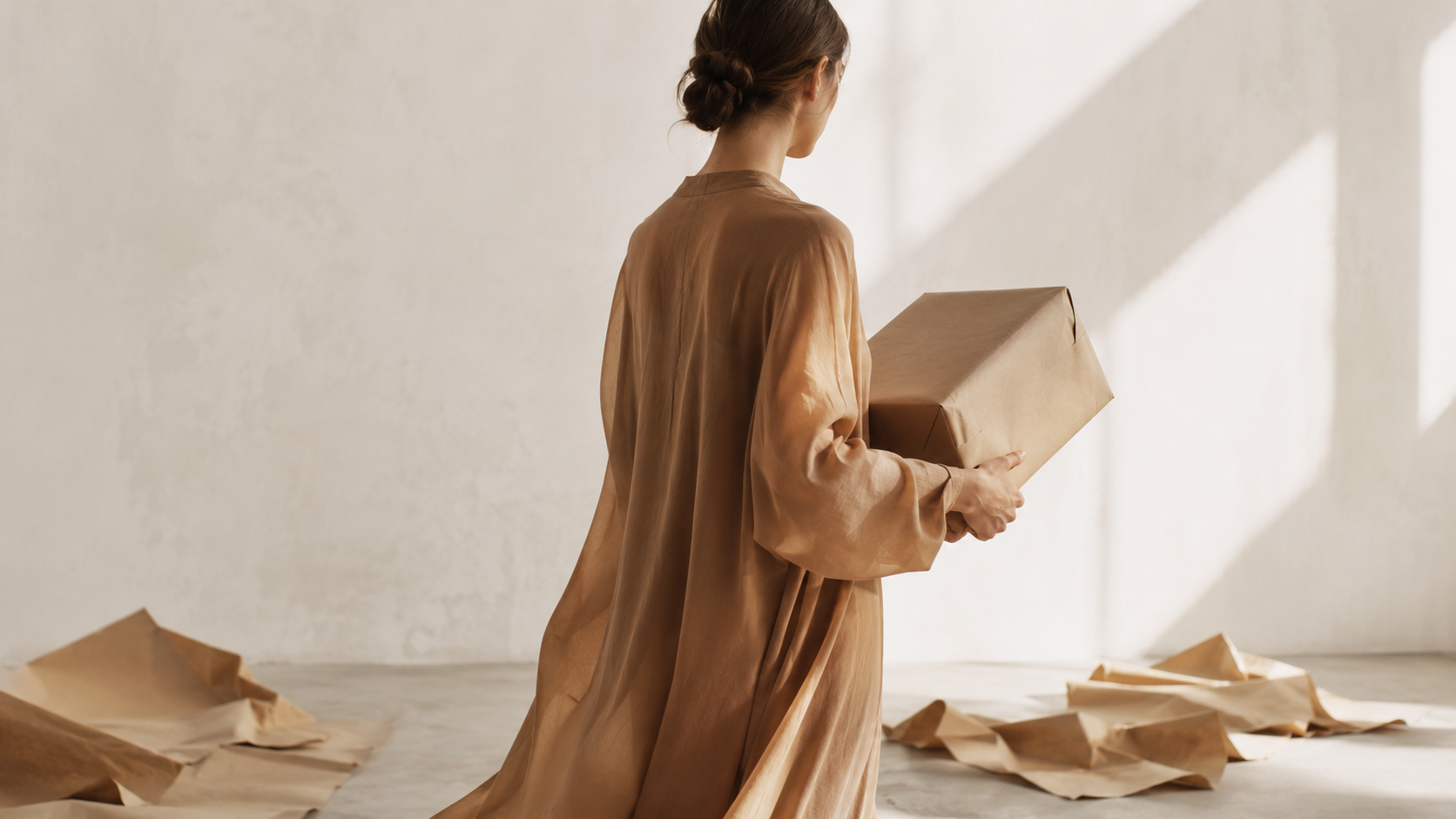 Silhouette en robe fluide camel tenant un colis kraft minimaliste dans un studio épuré — emballage responsable, mode durable et consommation consciente par MITCH By AEF