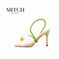 Sandale femme verte à fleur calla blanche, talon fin haut, bout ouvert et brides fines, MITCH BY AEF.