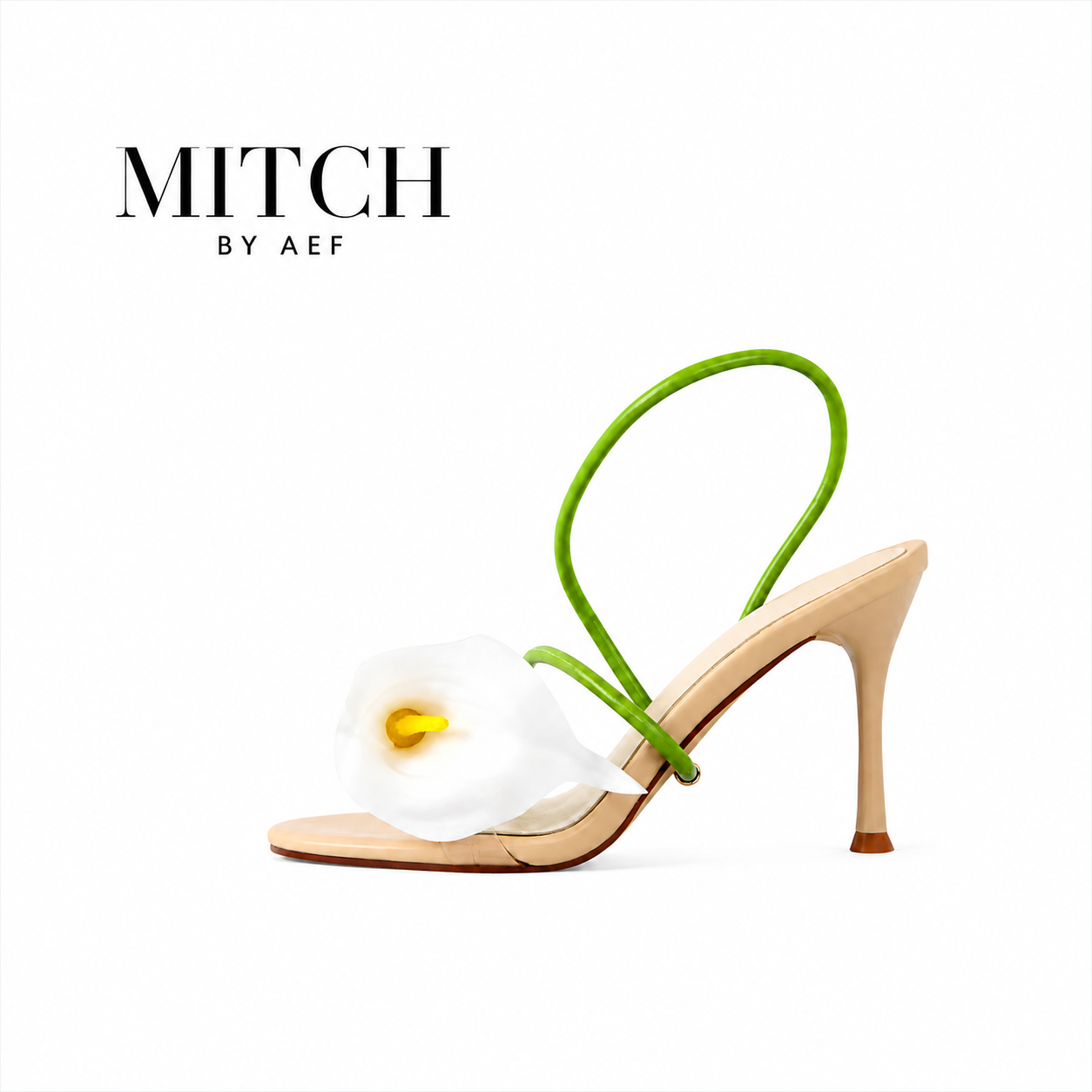 Sandale femme verte à fleur calla blanche, talon fin haut, bout ouvert et brides fines, MITCH BY AEF.