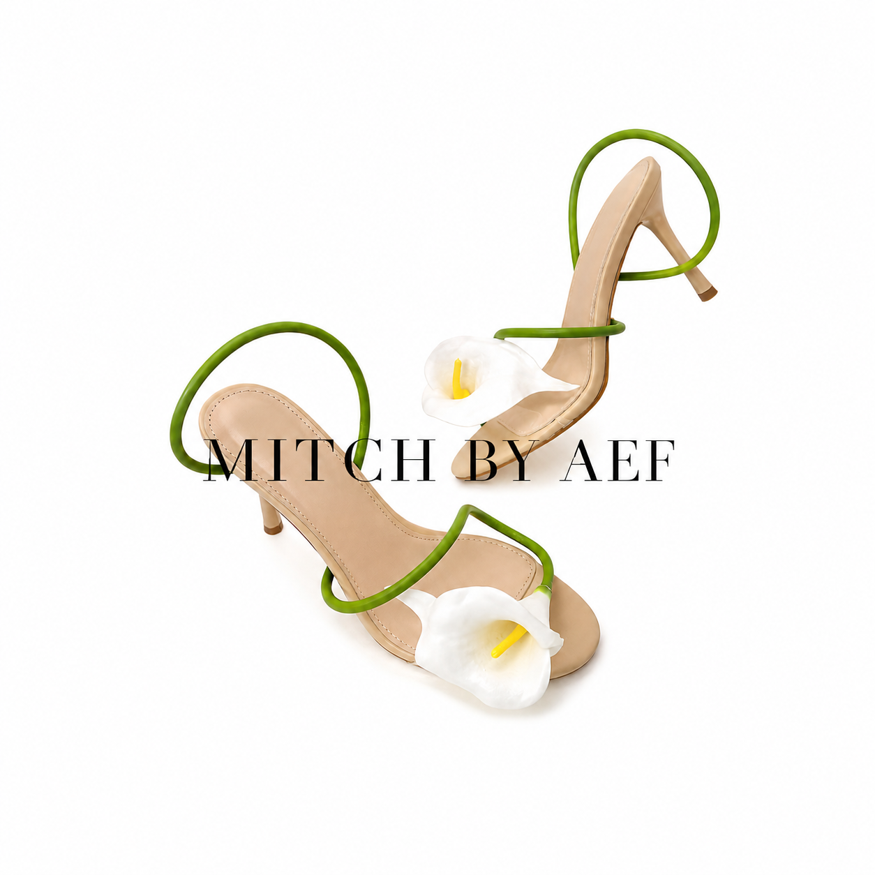 Sandales femme vertes à fleurs calla blanches, talons fins hauts et bout ouvert, modèle chic MITCH BY AEF.