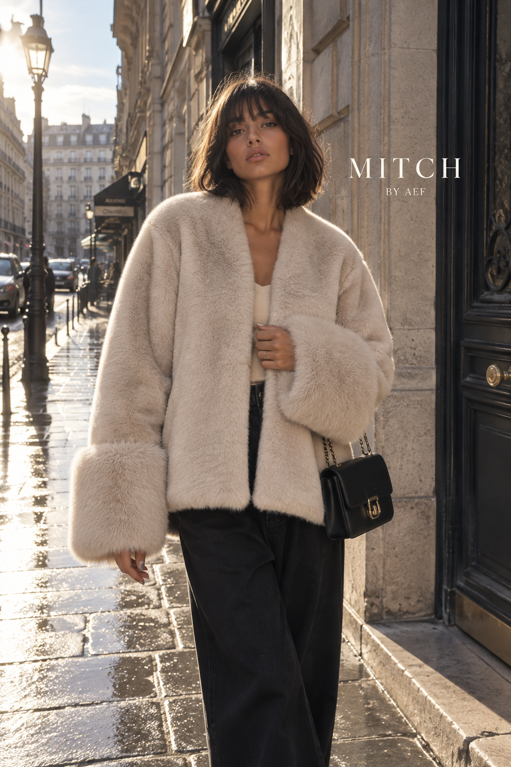 Manteau femme effet fourrure beige mi-long - ALBA