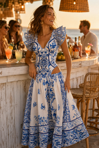 Robe longue col V à volants papillon imprimé majolique bleu et blanc, cambrure mise en valeur au bord de la Méditerranée — collection ÉDITION SOLEIL 2026 | MITCH par AEF
