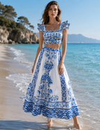 Robe longue col V à bretelles volantées imprimé majolique bleu et blanc, galbe naturel au coucher du soleil sur la Méditerranée — collection ÉDITION SOLEIL 2026 | MITCH par AEF