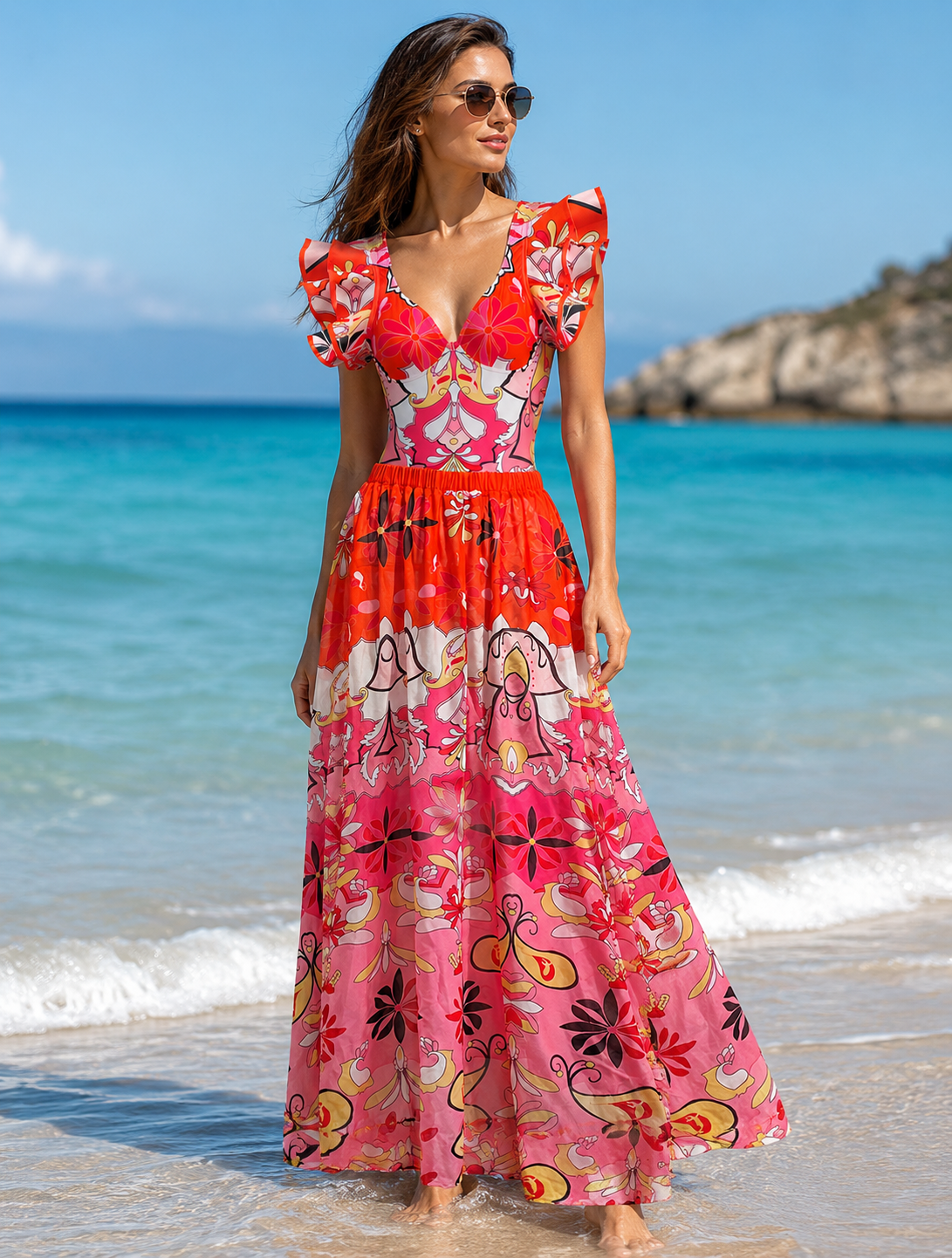 Robe longue à volants étagés imprimé tropical multicolore, ligne du corps révélée les pieds dans l'eau sur une plage des Caraïbes — collection ÉDITION SOLEIL 2026 | MITCH par AEF