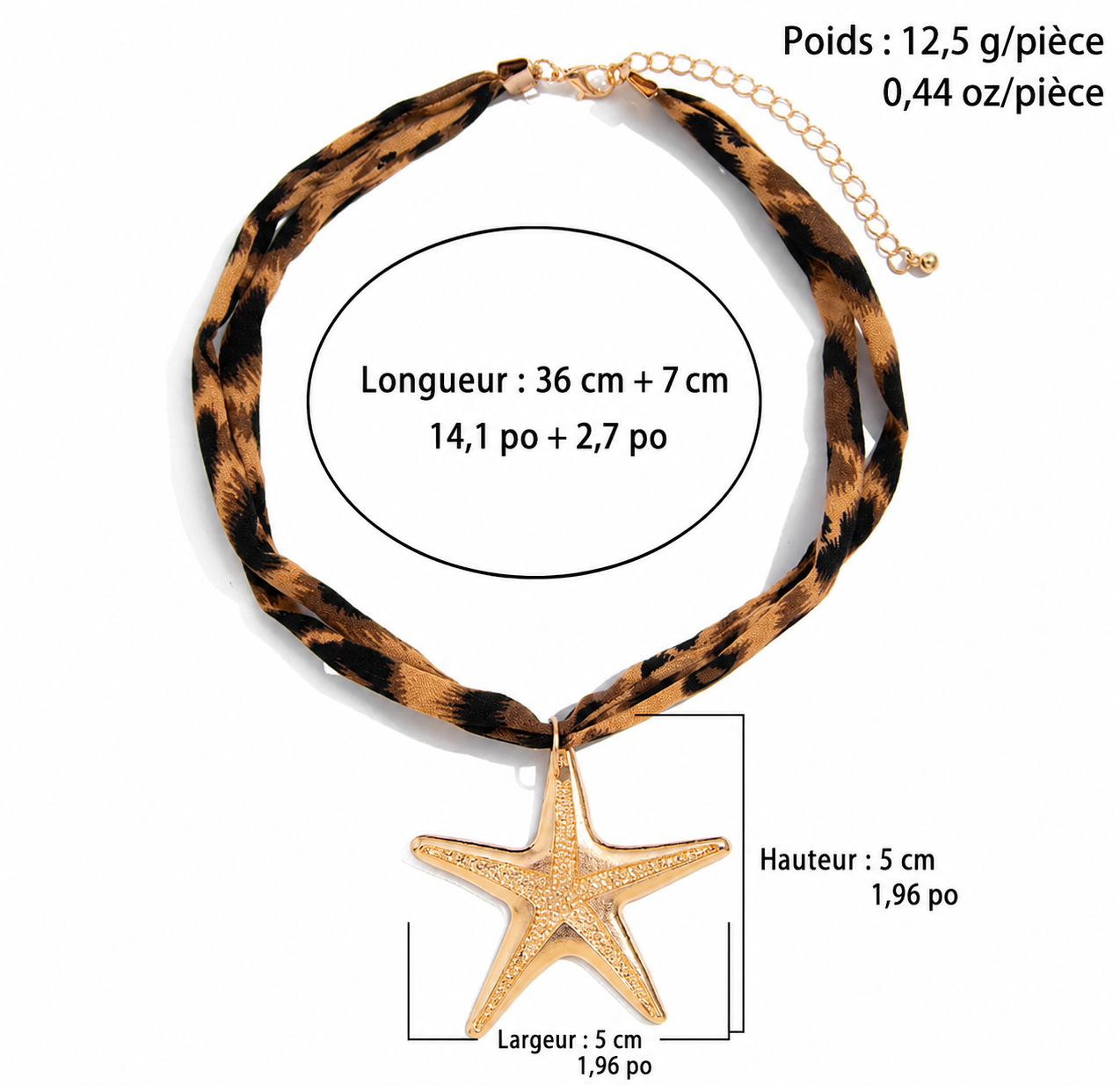 Guide des tailles collier choker léopard pendentif étoile de mer dorée longueur 36cm rallonge 7cm