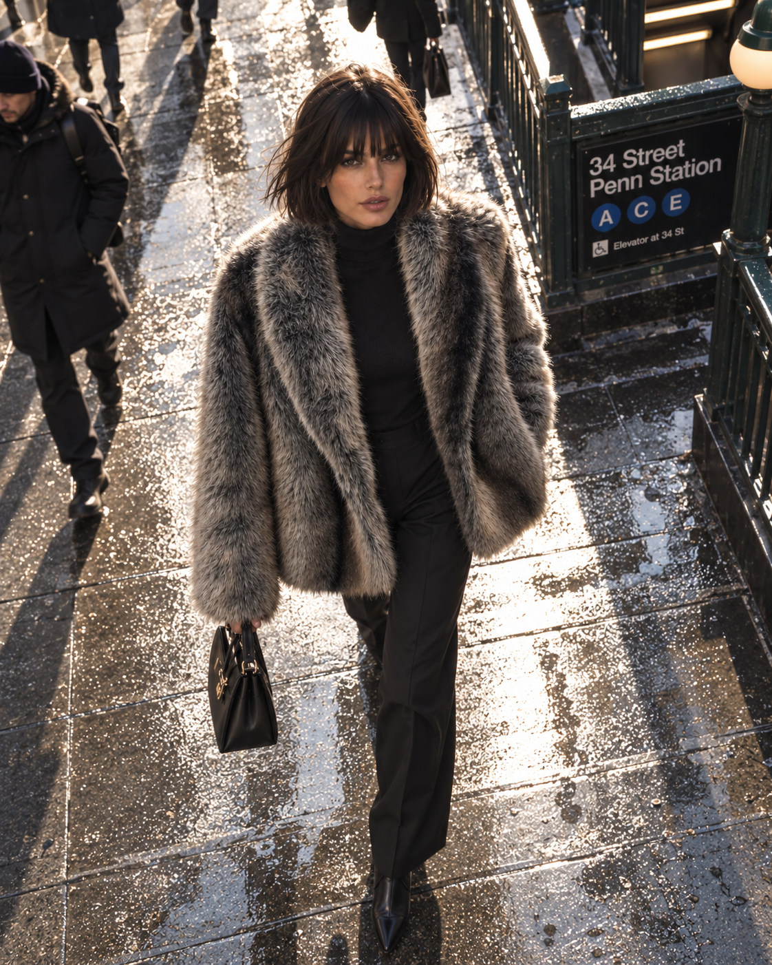 Cappotto lungo da donna a righe effetto pelliccia con collo a revers - ALVARA