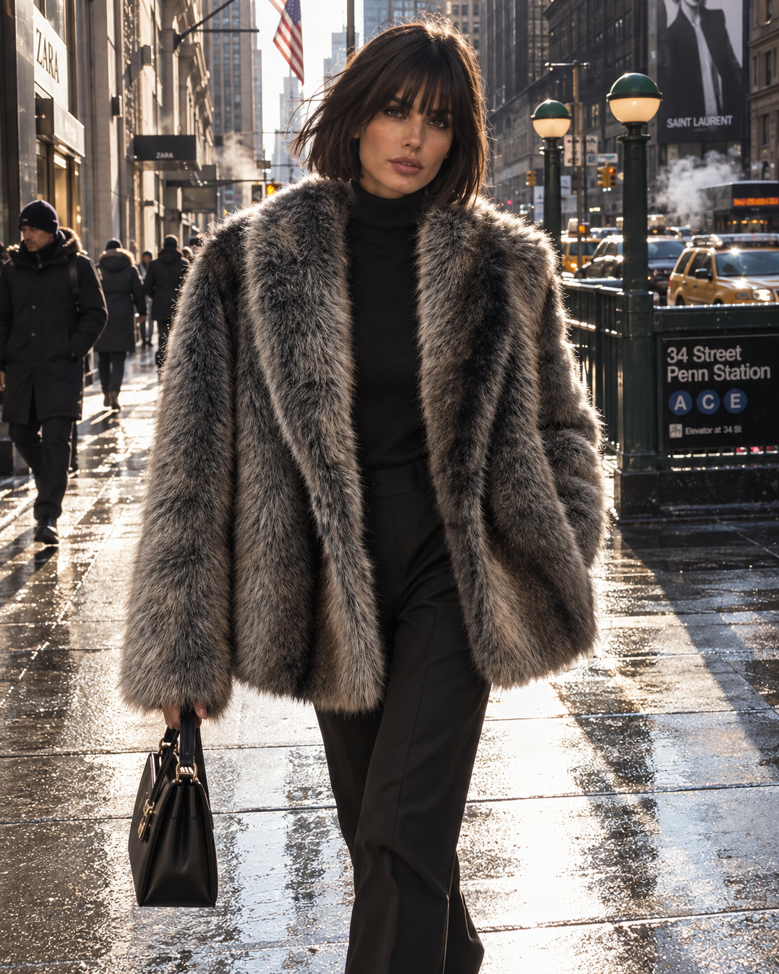 Cappotto lungo da donna a righe effetto pelliccia con collo a revers - ALVARA