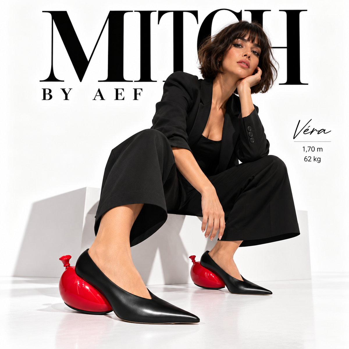 Women's Black Pointed-Toe Pumps, Red Sculptural Heel, VÉRA