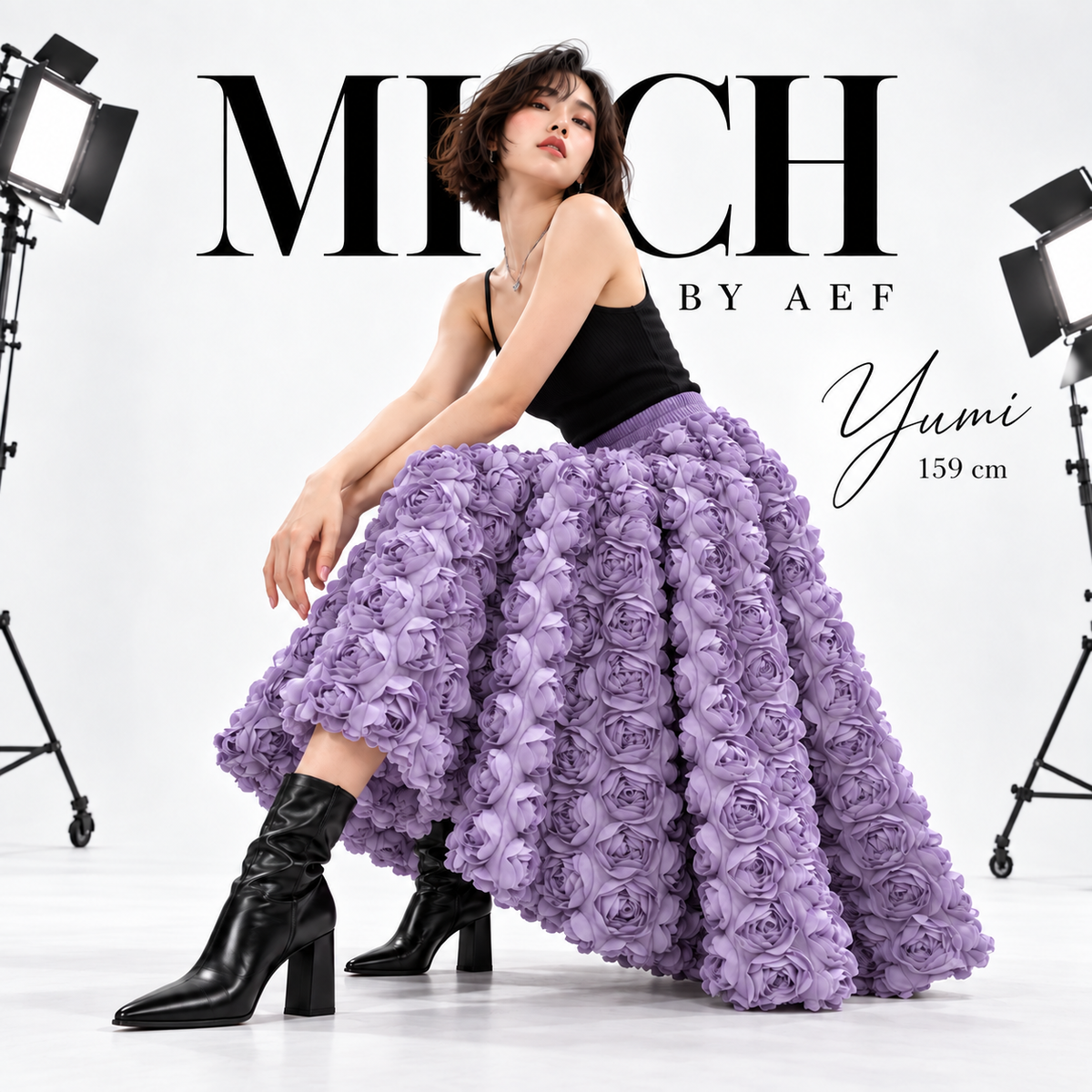 DEAT 2026 New Fashion 3D Flower Mid-calf Skirts For Women High Elastic Waist Big Swing A-line Skirt Female Trendy New
