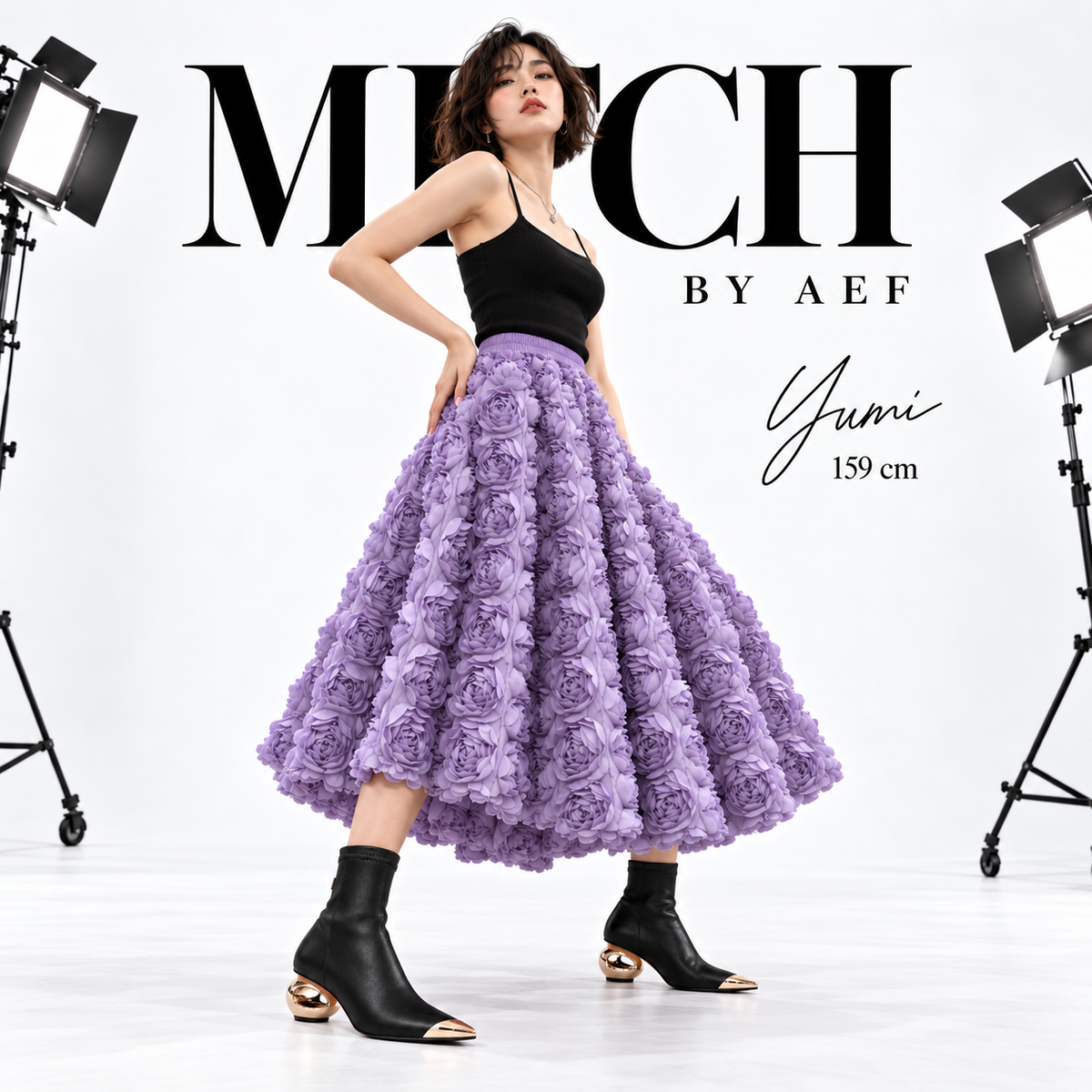 DEAT 2026 New Fashion 3D Flower Mid-calf Skirts For Women High Elastic Waist Big Swing A-line Skirt Female Trendy New