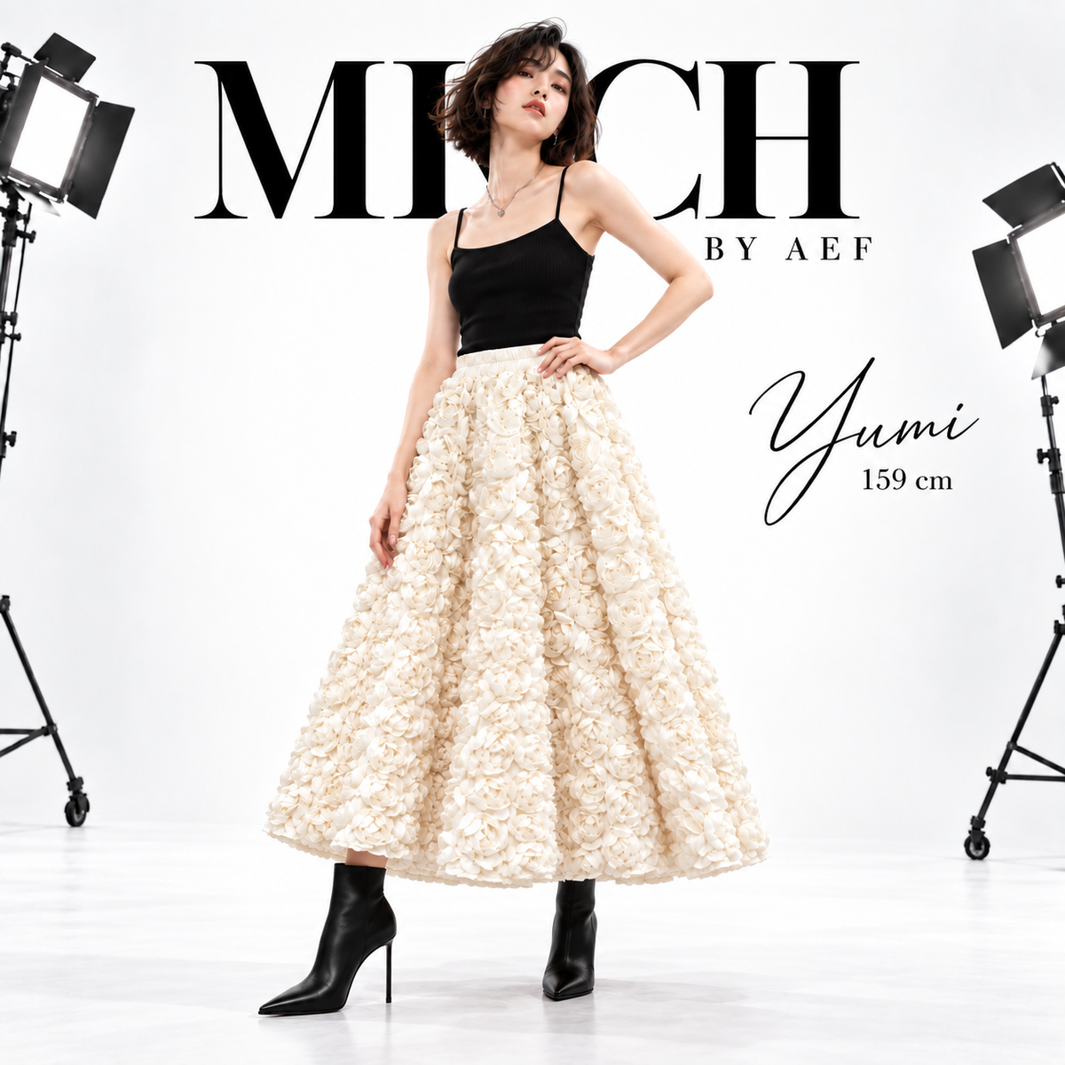 DEAT 2026 New Fashion 3D Flower Mid-calf Skirts For Women High Elastic Waist Big Swing A-line Skirt Female Trendy New