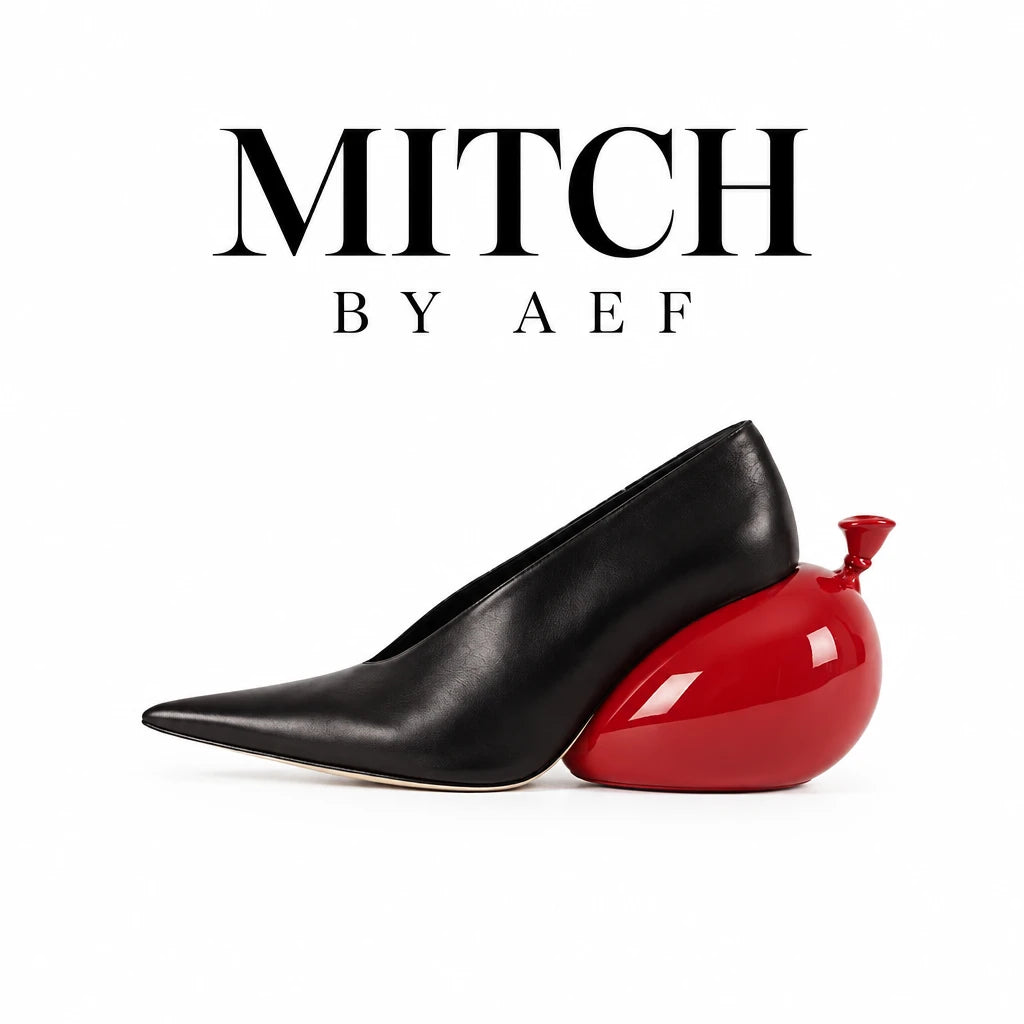 Women's Black Pointed-Toe Pumps, Red Sculptural Heel, VÉRA