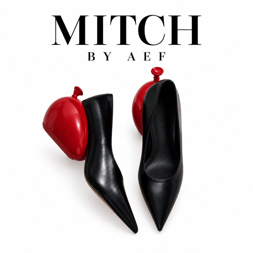 Women's Black Pointed-Toe Pumps, Red Sculptural Heel, VÉRA