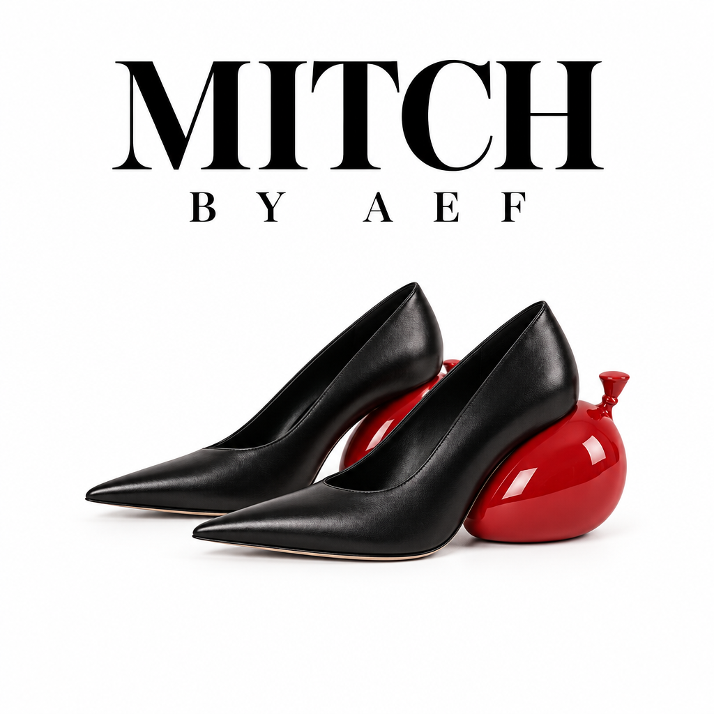 Women's Black Pointed-Toe Pumps, Red Sculptural Heel, VÉRA