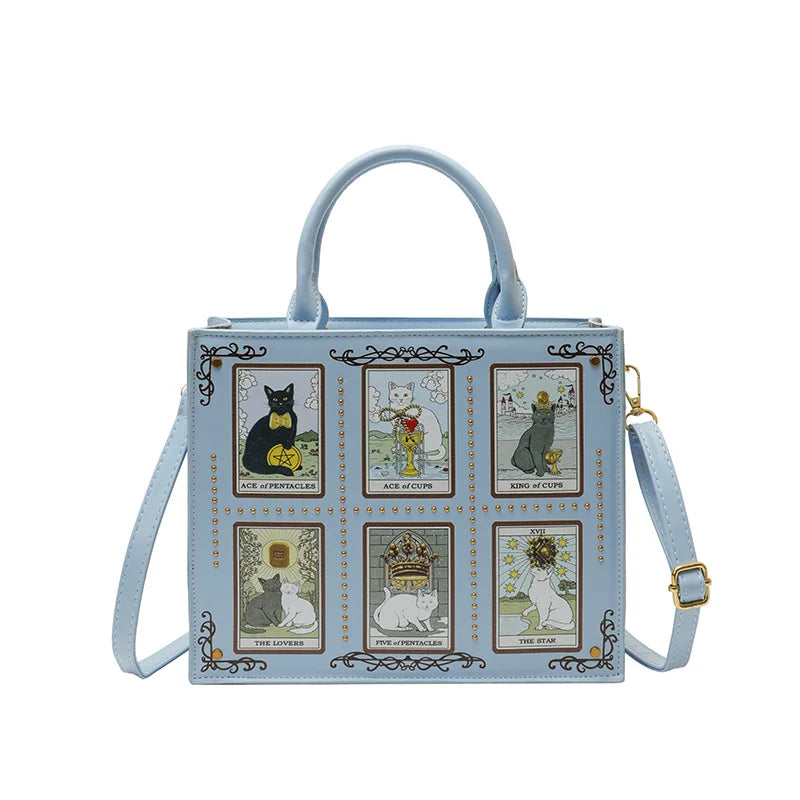 Sac à main femme ARCANA bleu ciel motif chats tarot avec porté main ou épaule #Bleu Ciel