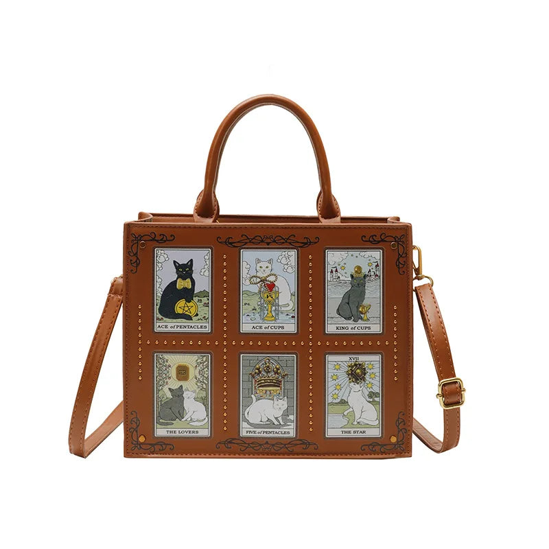 Sac à main femme ARCANA brun cognac à motif chats tarot avec bandoulière amovible #Brun Cognac