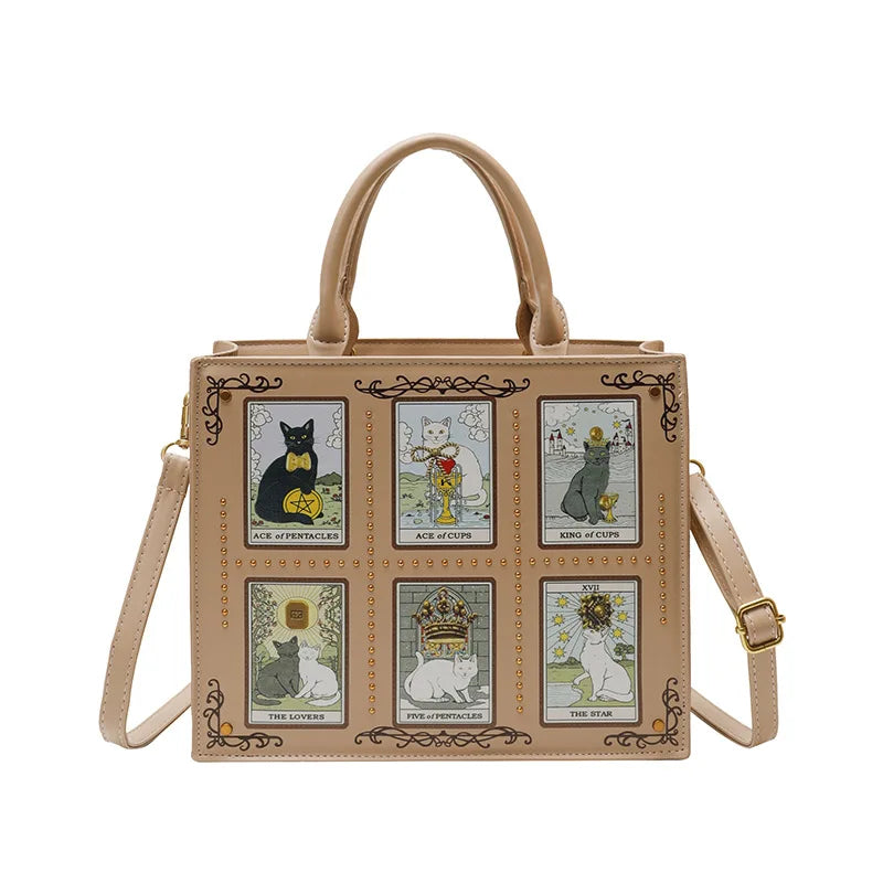 Sac à main femme ARCANA Camel sable avec imprimé chats façon cartes de tarot et bandoulière réglable #Beige Camel