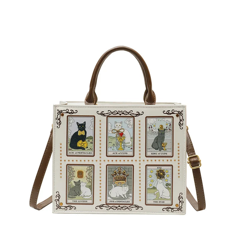 Sac à main femme ARCANA crème ivoire imprimé chats tarot avec poignées et bandoulière #Crème Ivoire