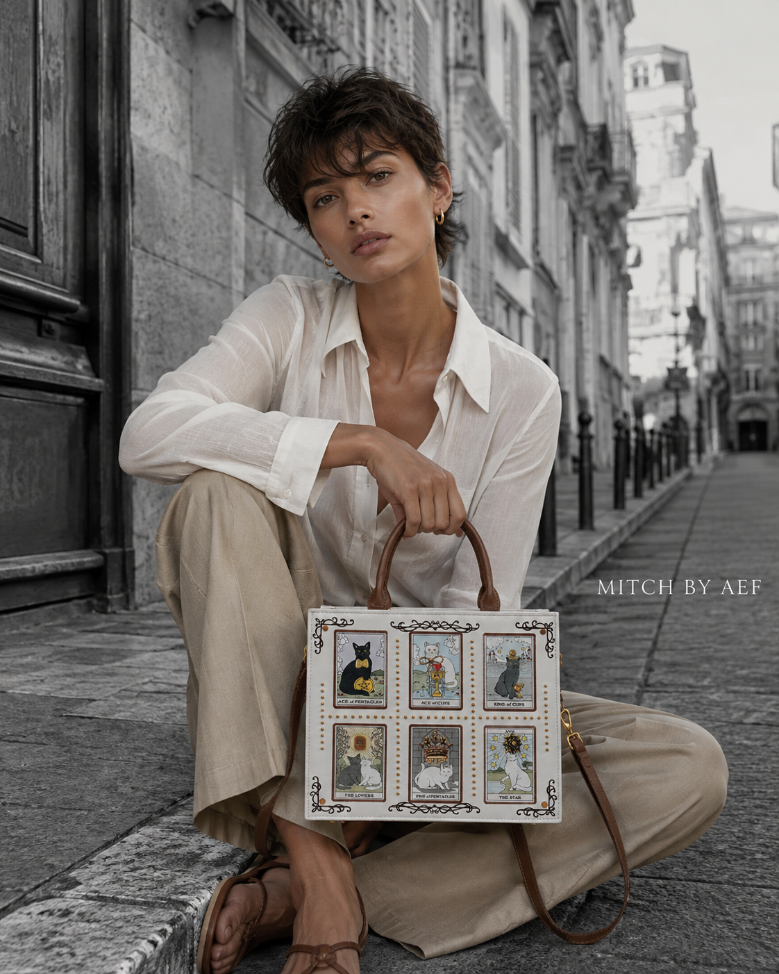 Sac à main femme crème ivoire ARCANA imprimé chats tarot avec bandoulière