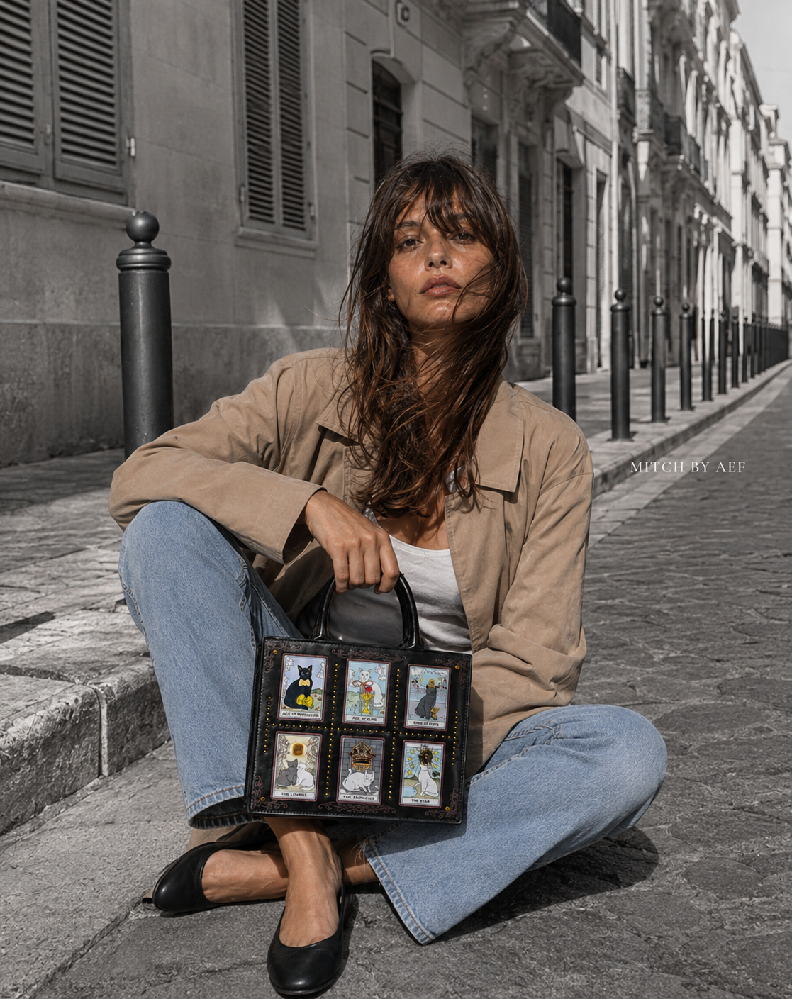 Sac femme noir ARCANA à imprimé chats façon cartes de tarot, porté main et épaule #Noir Ébène