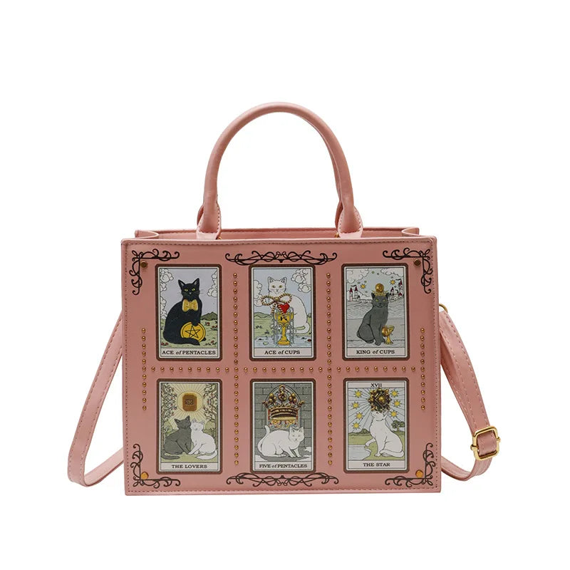 Sac à main femme ARCANA rose poudré imprimé chats façon cartes de tarot #Rose Poudré