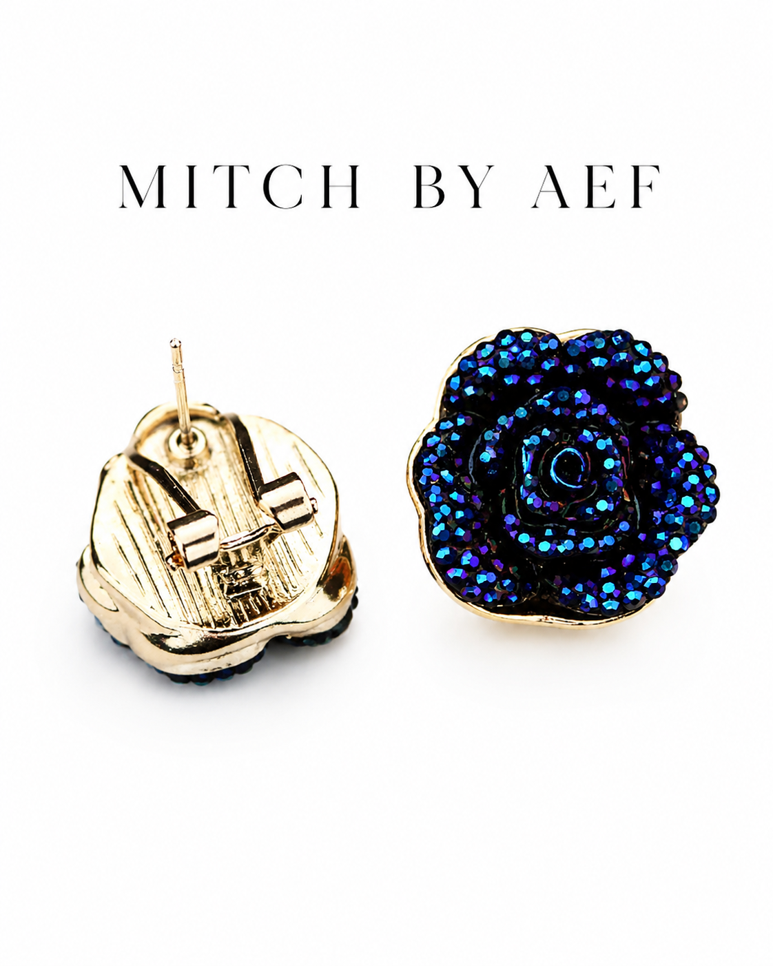 Boucles d’oreilles fleurs bleues AZURA, vue de face et système de fermeture
