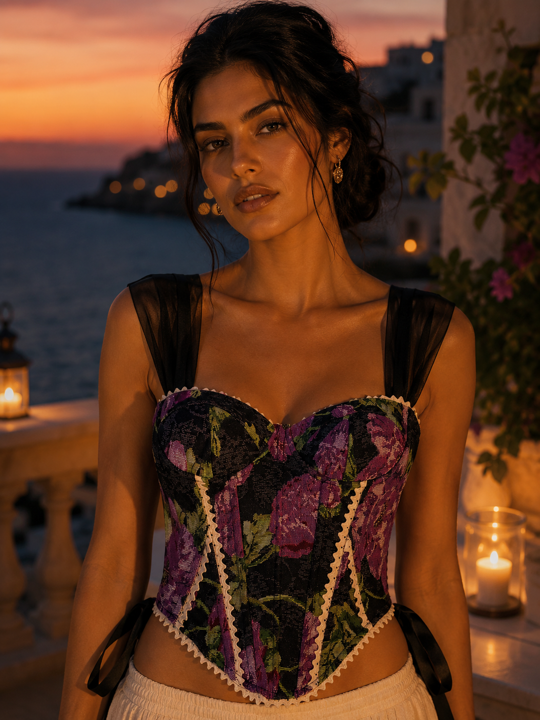 Bustier jacquard floral violet noir pivoine dentelle, soirée terrasse coucher de soleil bougies mer — MITCH par AEF