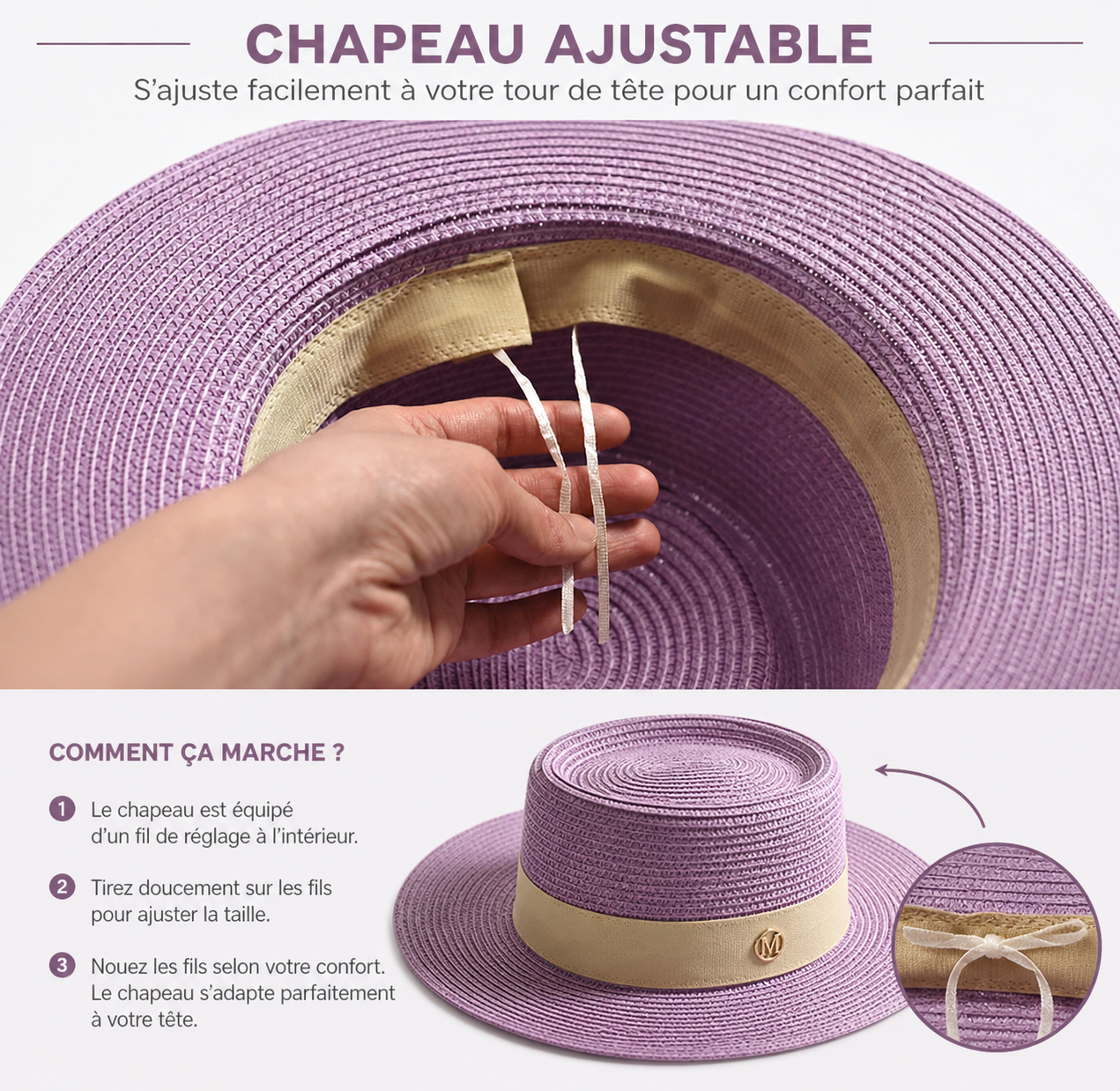 Canotier paille violet lavande ajustable, système de fil de réglage intérieur pour taille sur mesure — MITCH By AEF