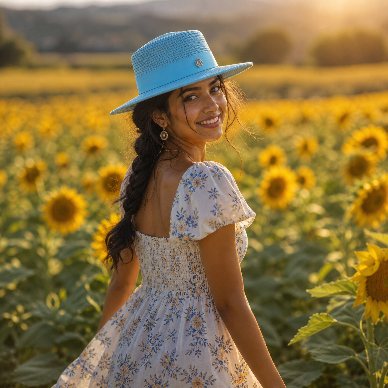 Canotier paille bleu ciel femme indienne tresse, robe fleurie blanche dans champ de tournesols lumière dorée — MITCH By AEF