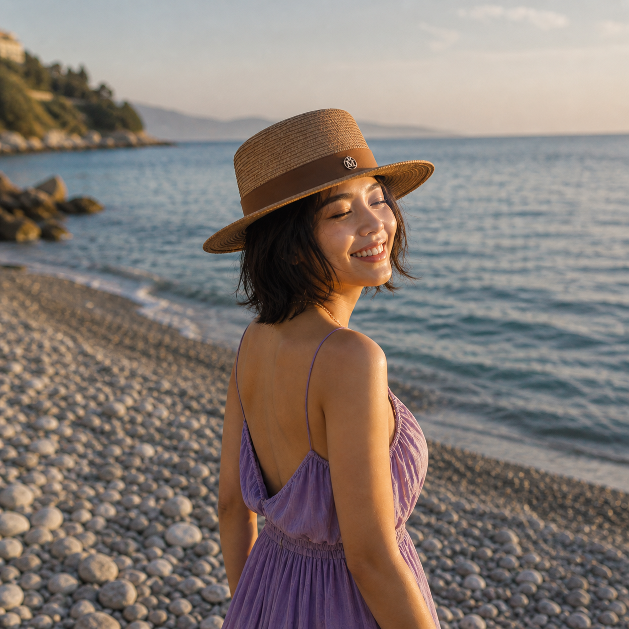 Canotier paille caramel femme asiatique cheveux courts, ruban marron, robe violette sur plage de galets au coucher de soleil — MITCH By AEF