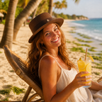canotier paille marron chocolat femme rousse, cocktail citron, transat rotin sur plage tropicale palmiers — MITCH By AEF