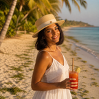 Canotier paille naturelle beige femme algérienne, ruban crème, cocktail tomate sur plage tropicale palmiers — MITCH By AEF