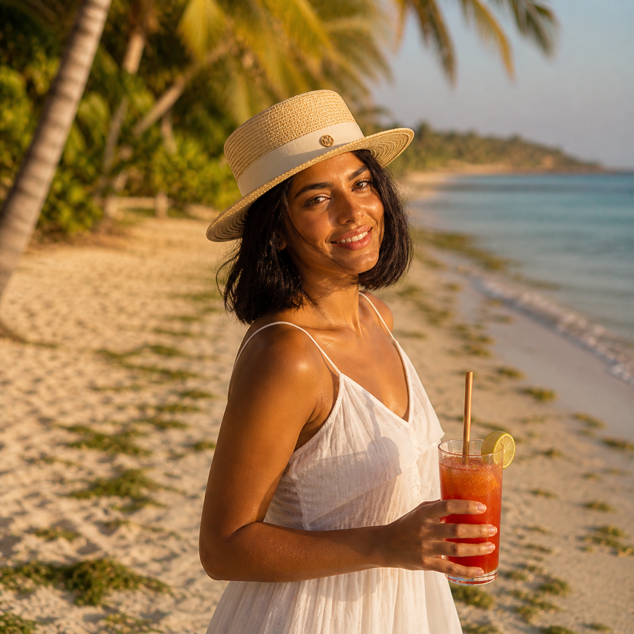 Canotier paille naturelle beige femme algérienne, ruban crème, cocktail tomate sur plage tropicale palmiers — MITCH By AEF