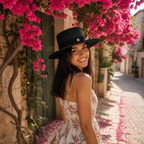 Canotier paille noir femme méditerranéenne, robe fleurie blanche dans ruelle provençale aux bougainvilliers roses — MITCH By AEF