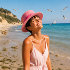 Canotier paille rose bonbon femme coupe garçon bronzée, robe rose, mouettes en vol sur plage claire — MITCH By AEF