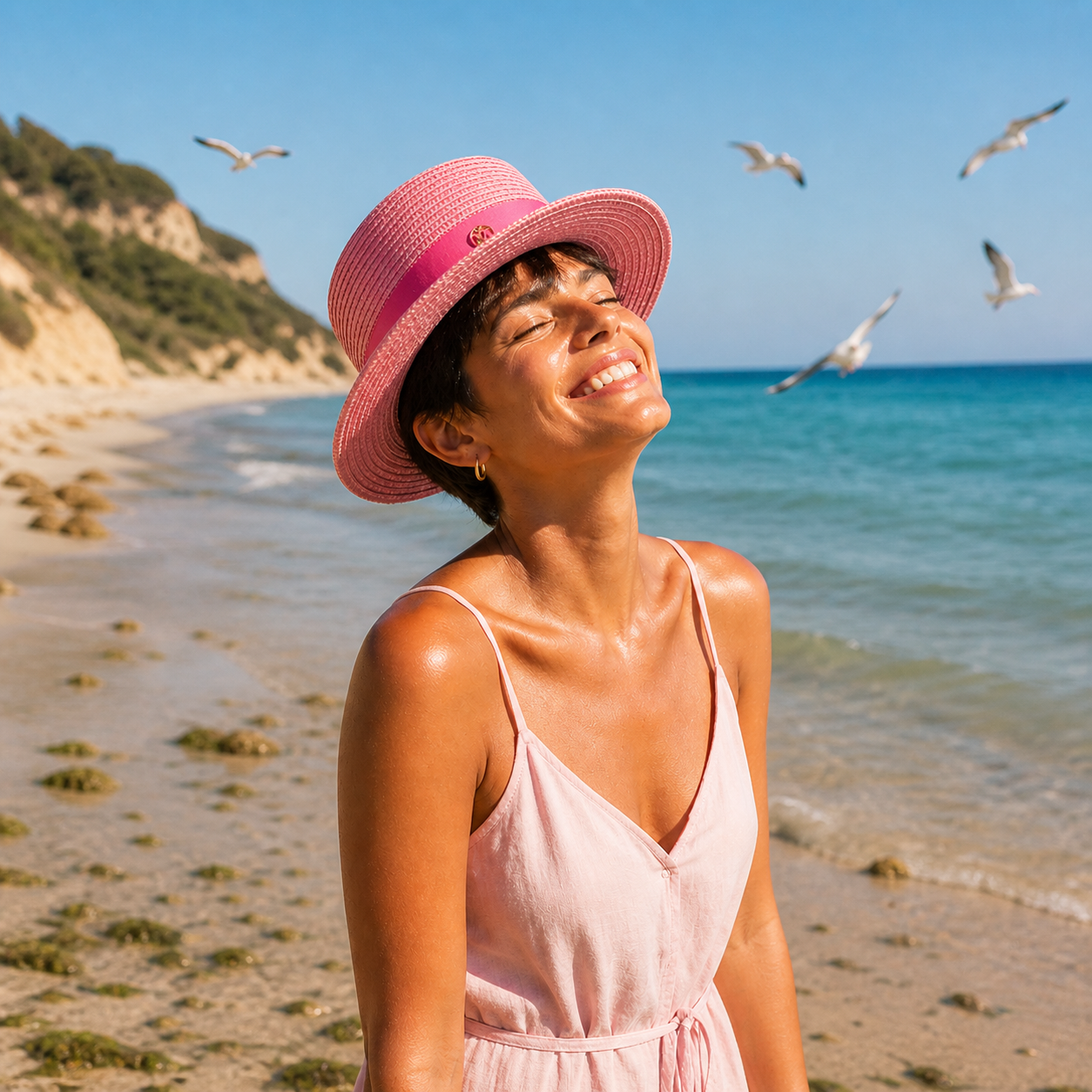 Canotier paille rose bonbon femme coupe garçon bronzée, robe rose, mouettes en vol sur plage claire — MITCH By AEF