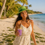Canotier paille vert herbe femme cheveux noirs, cocktail lavande pailleté, plage blanche et palmiers — MITCH By AEF