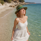 Canotier paille vert kaki femme rousse cheveux courts, robe lin blanche, pieds dans eau transparente plage sauvage — MITCH By AEF
