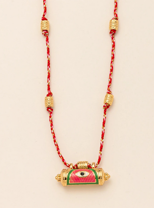 Collier Evil Eye mauvais œil — pendentif cylindrique émaillé rouge et vert serti de dorures sur chaîne tressée bicolore rouge et or — coloris Rouge Dragon — MITCH par AEF