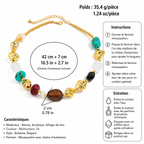 Infographie collier ras-du-cou multicolore bohème AIGUE-MARINE — pierres résine acrylique turquoise noir ambre or massif — dimensions 42 cm + 7 cm extension, fermoir mousqueton, instructions entretien