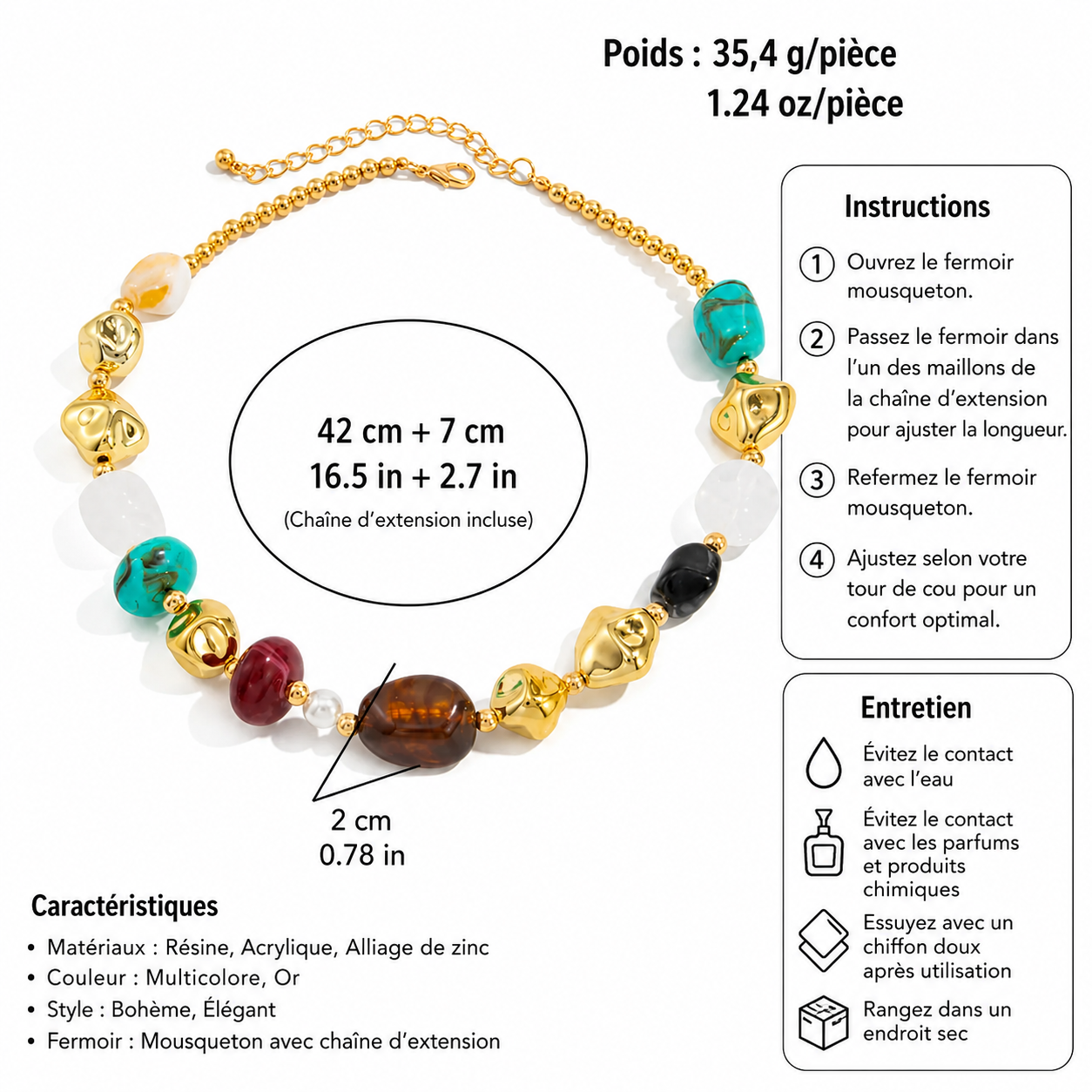 Infographie collier ras-du-cou multicolore bohème AIGUE-MARINE — pierres résine acrylique turquoise noir ambre or massif — dimensions 42 cm + 7 cm extension, fermoir mousqueton, instructions entretien