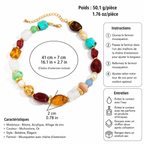 Infographie collier ras-du-cou multicolore bohème GRENAT — pierres résine acrylique bordeaux turquoise cristal or — dimensions 41 cm + 7 cm extension, fermoir mousqueton, instructions entretien