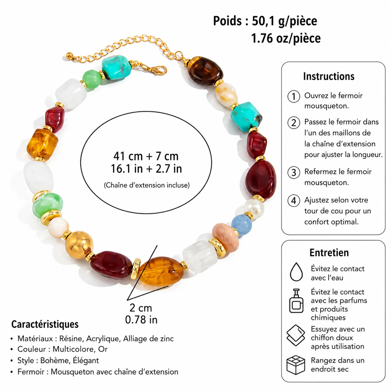 Infographie collier ras-du-cou multicolore bohème GRENAT — pierres résine acrylique bordeaux turquoise cristal or — dimensions 41 cm + 7 cm extension, fermoir mousqueton, instructions entretien