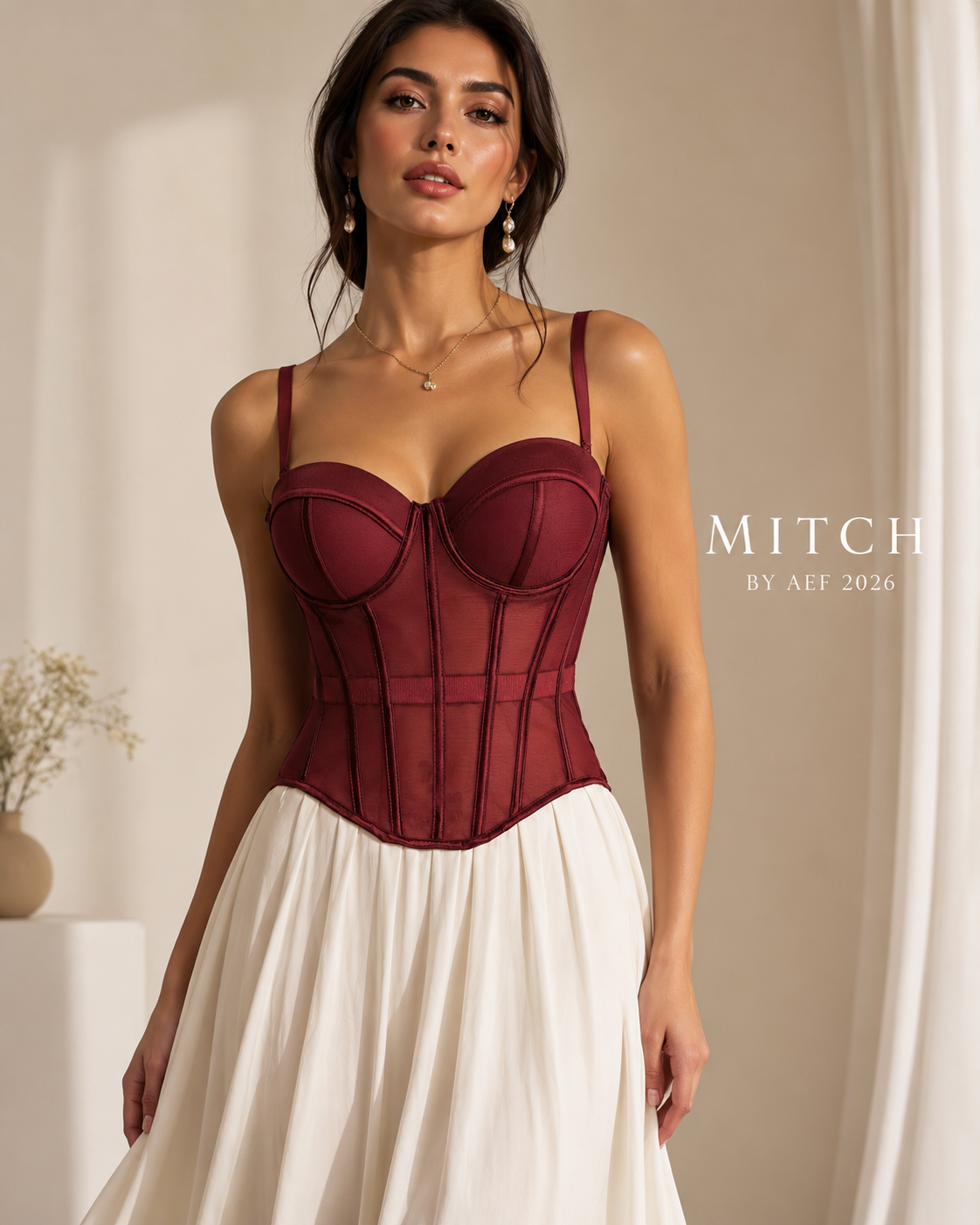 Corset bustier bordeaux structuré femme — style soirée éditorial, porté avec jupe fluide blanche | MITCH par AEF