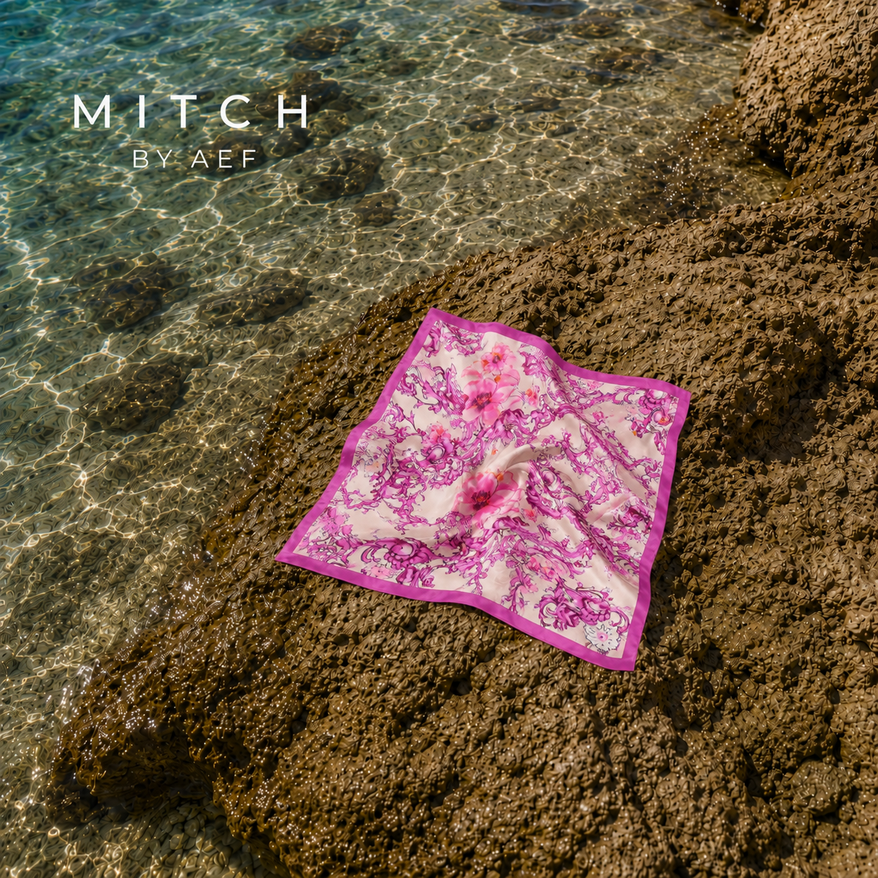 #PORTOFINO ROSA-Foulard carré en satin pour femme PORTOFINO ROSA 60 × 60 cm, motif floral rose inspiré de la majolique, posé sur un rocher au bord de la mer 