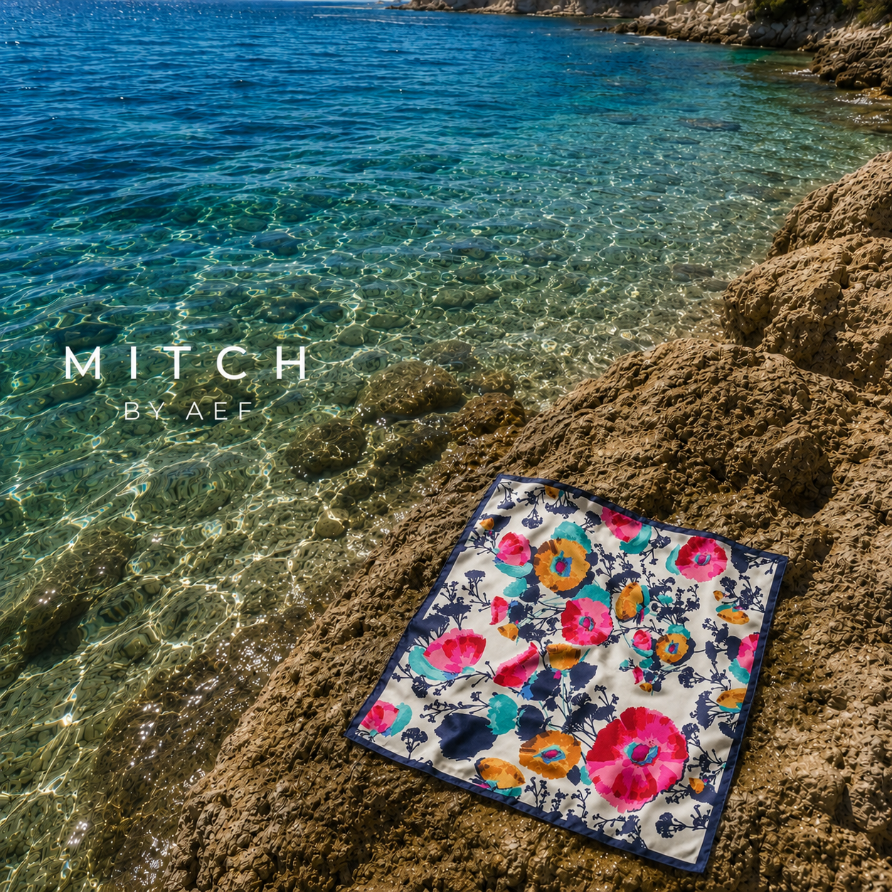 #POSITANO-Foulard carré en satin pour femme POSITANO à motif floral multicolore, posé sur un rocher au bord de la mer 