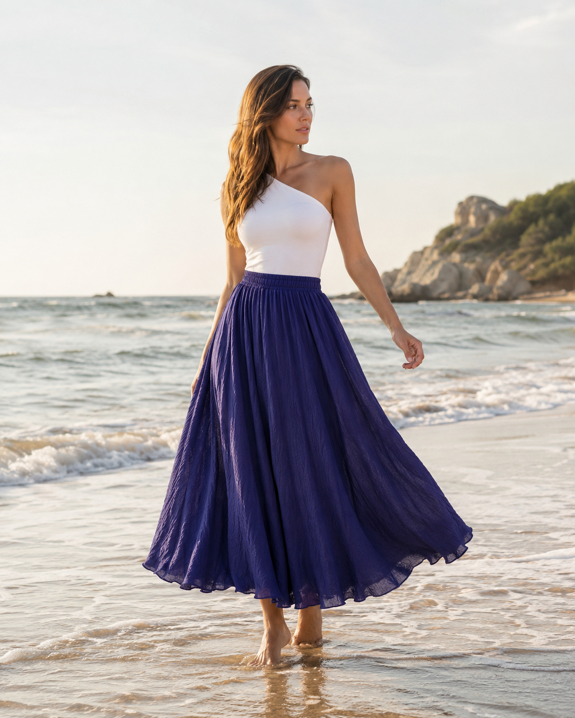 Jupe Longue Évasée Femme - Taille Élastiquée Fluide Bohème Chic