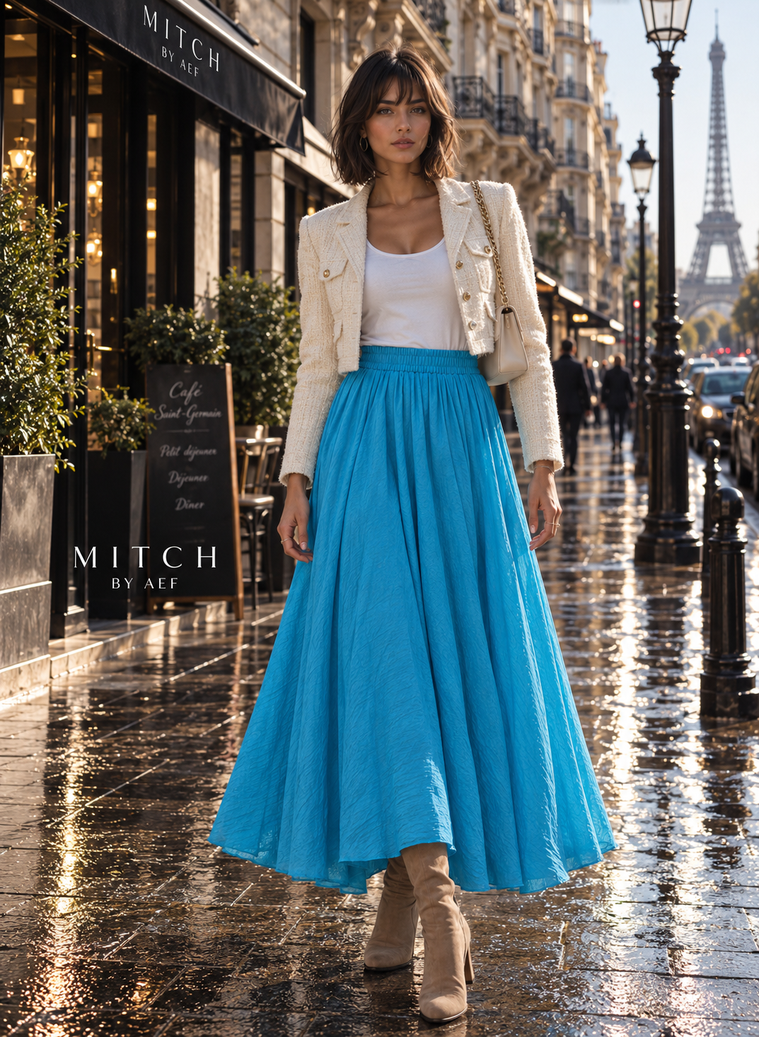 Jupe longue fluide femme taille élastique chic bleu azur lumineux - MITCH by AEF, mode Paris