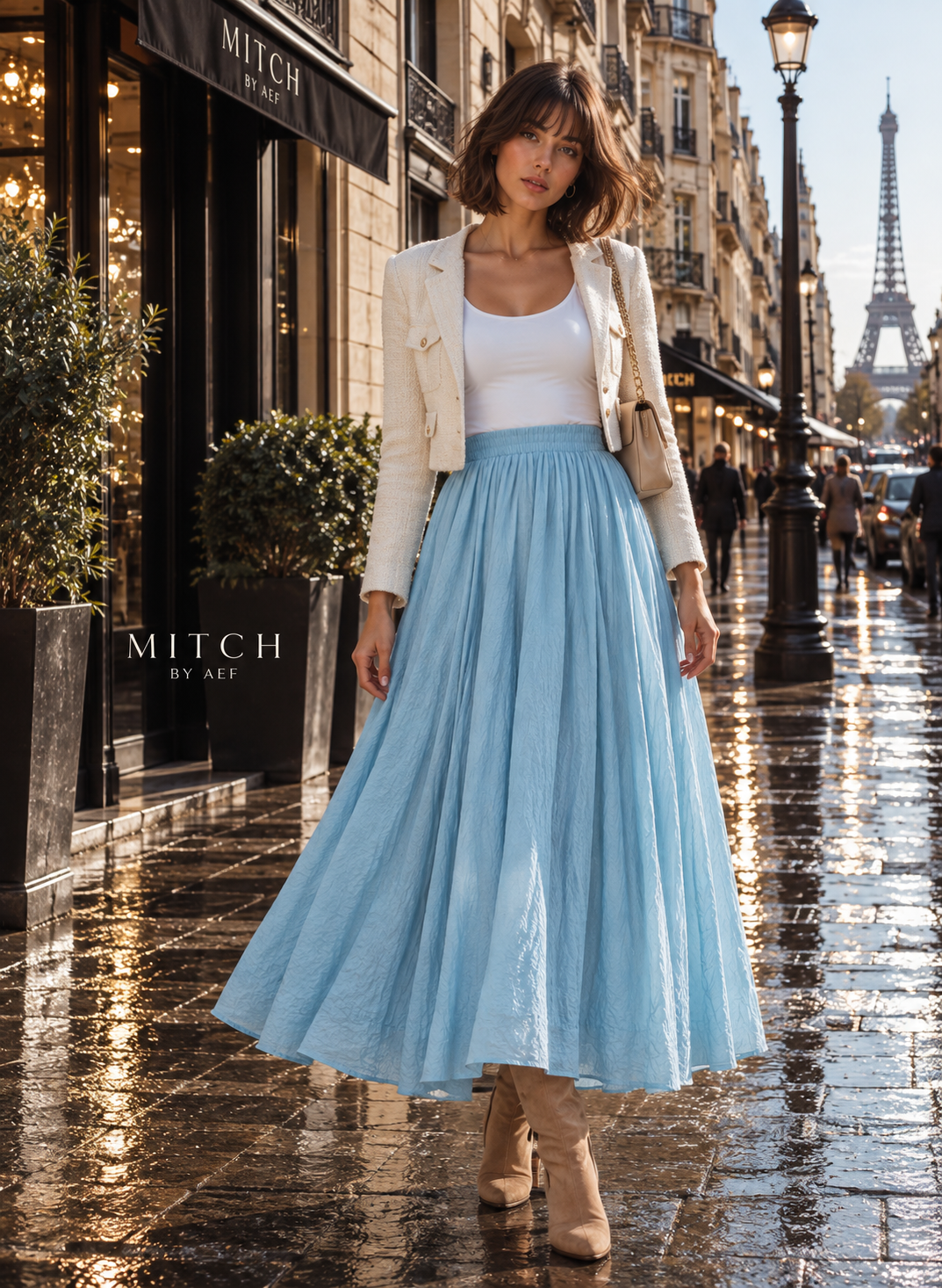 Jupe longue fluide femme taille élastique chic bleu ciel lumineux - MITCH by AEF, mode Paris